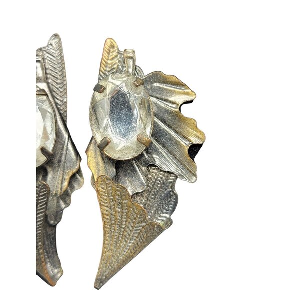 Winged Large Rhinestone Clip On Earrings Artisan Steampunk Gold-Brown Vintage - Picture 7 of 8